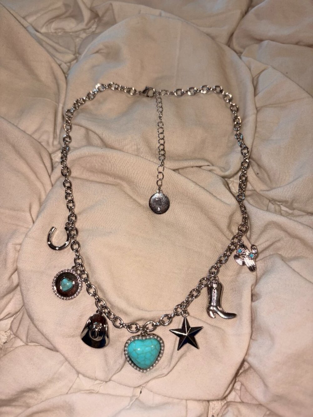 Free People Turquoise Western Charm Necklace Silver Boho Cowboy Boot